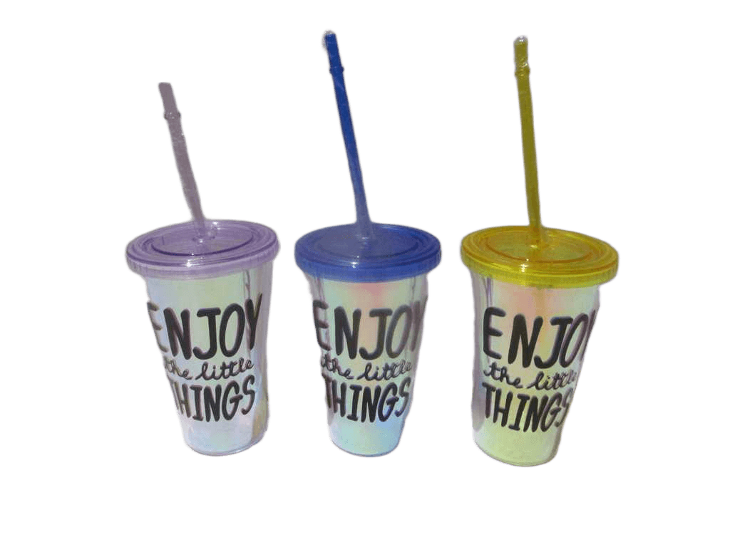 Cup Beverage , Double Wall W Cover&straw, Ps 4 Color Assorted, White Box Design Enjoy Gradient 450ml
