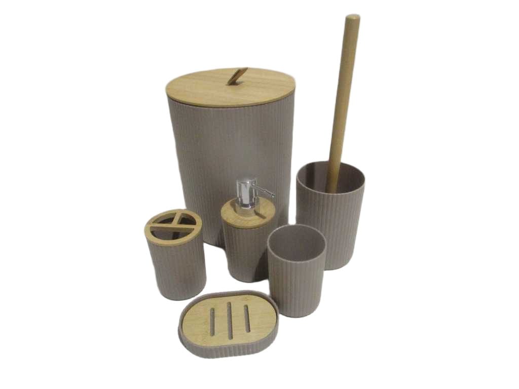 Bathroom Set Of 6 , Pp+bamboo Soap Dispenser+tumbler+tooth Brush Holder+toilet Brush+soap Dish+dust Bin Colorbox Taupe