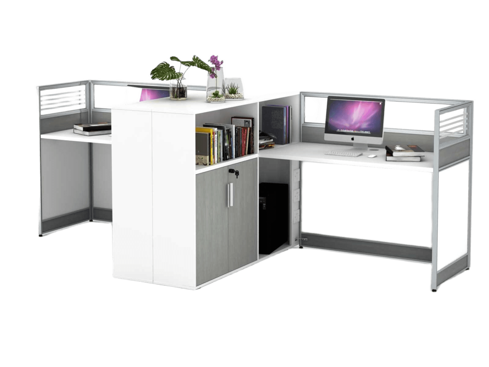 Workstation ,door 2 Seats With Lock White+grey Stripe Melamine 1530w*2800d*1100h