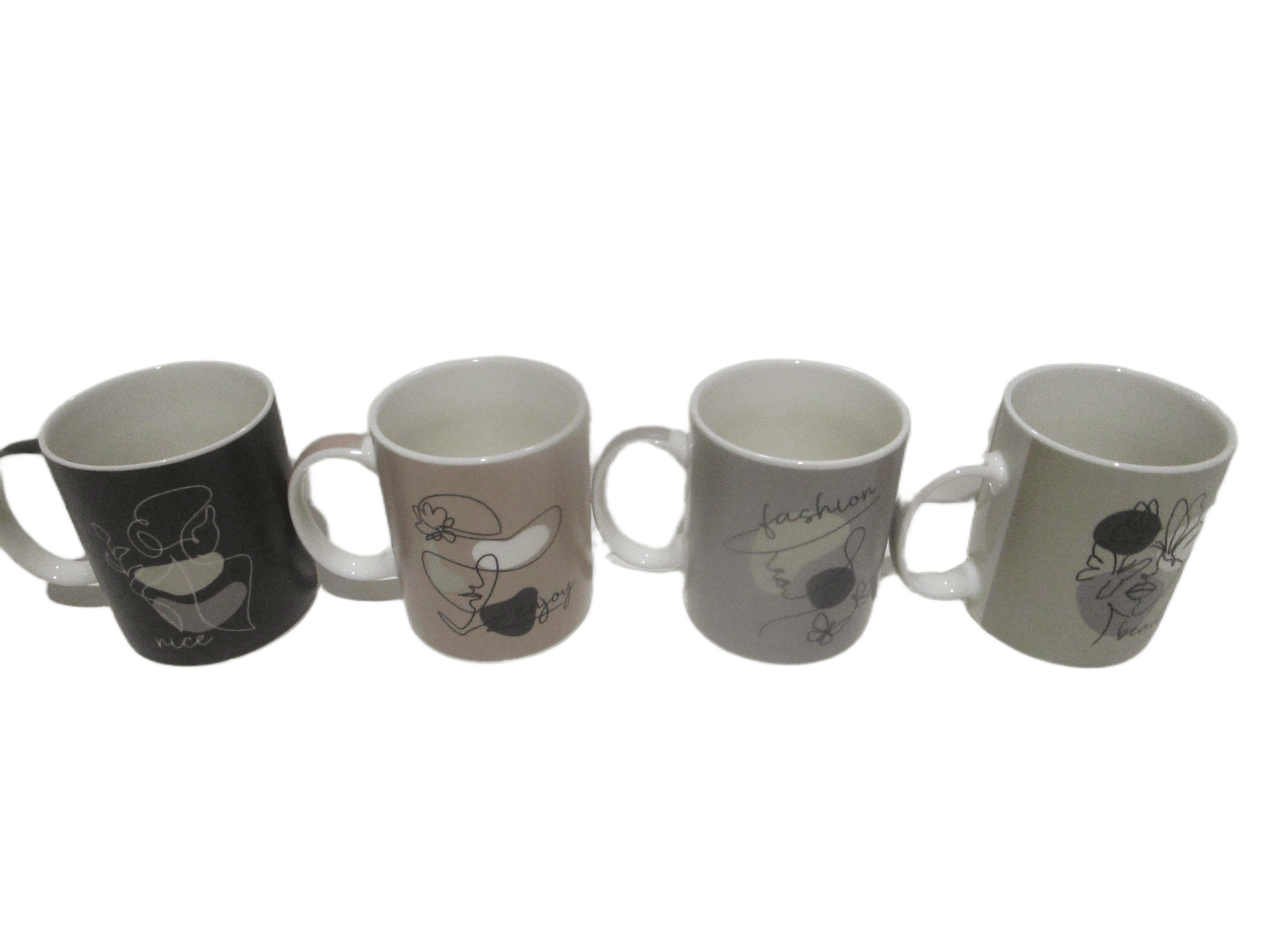 Mug - New Bone China - 4 Design Ass 340 Ml Grey Light Brown Drak Grey Taupe