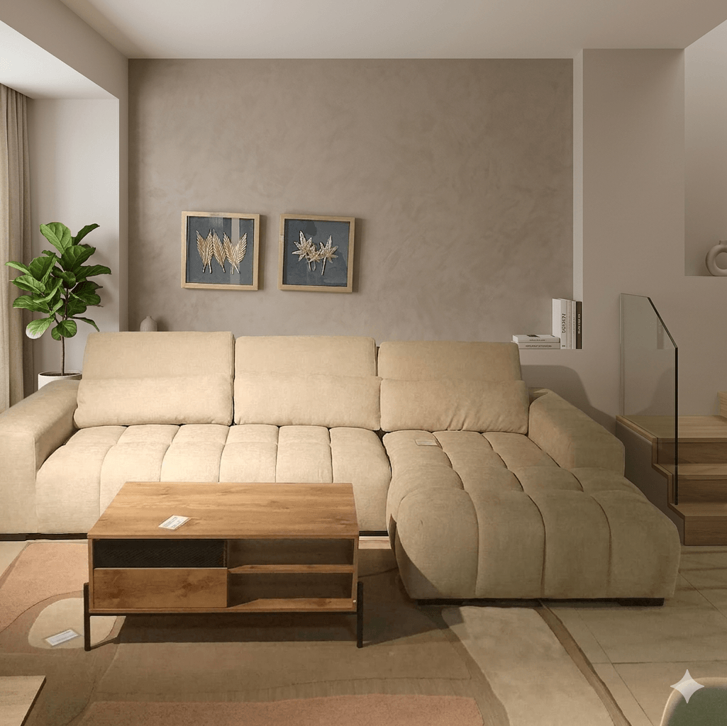 Sofa Corner Fabric 2 Seater + Chaise Longue Right Side With 3 Head Rest Jym23s38-3 Beige2s:201*119*69/89 Chair119*184*69/89