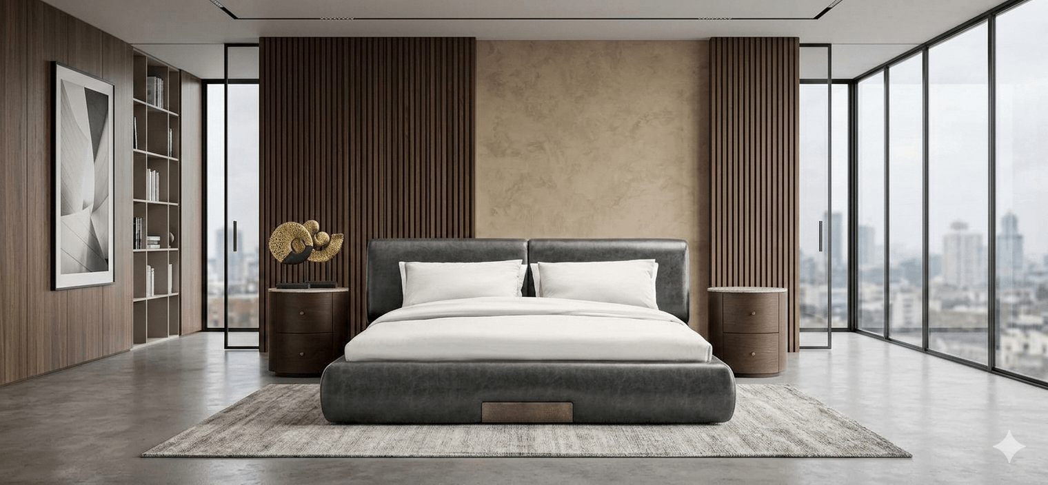 Bedroom Soho Set Full Pu Leather Bed 2 Nightstands + Dresser With Full Mdf With Mr: (No Pouf) Walnut / Beige Stone Bed: 180x200cm Ns: 50x50x53cm D: 145x45x87cm