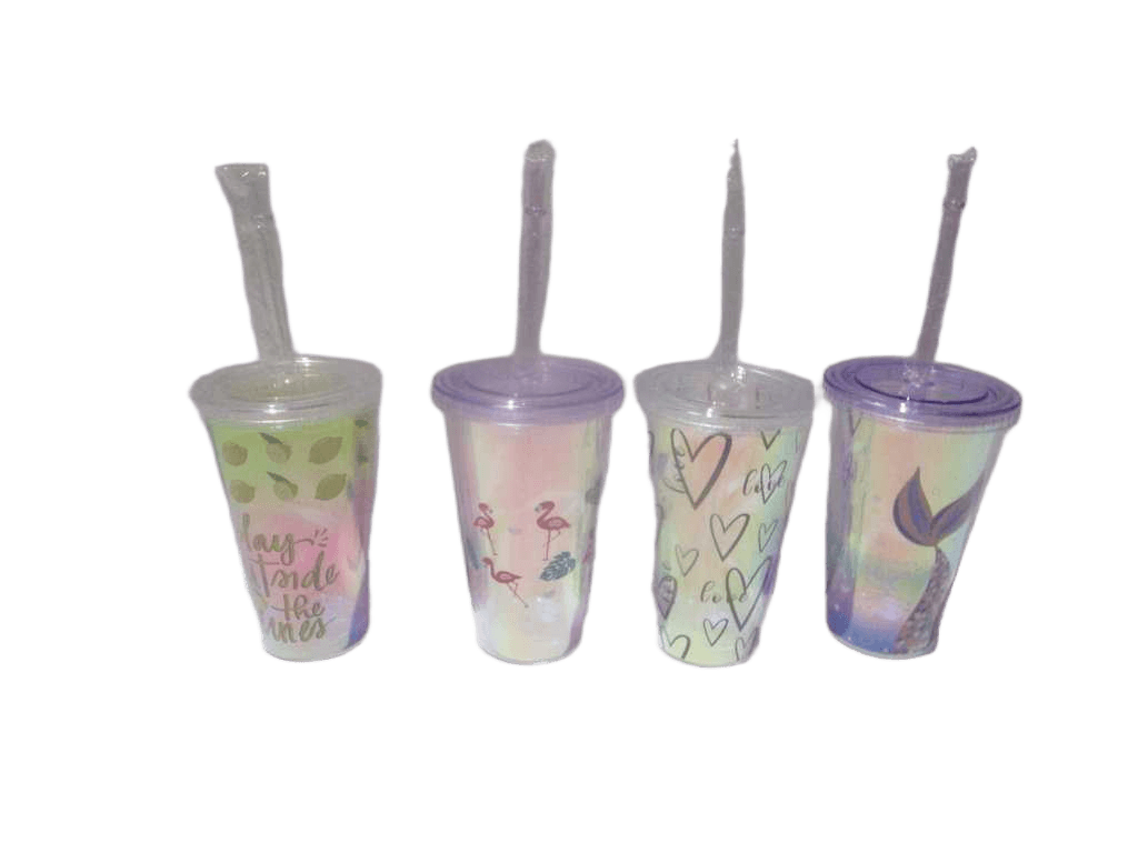 Cup With Straw-Laser Pattern Double Wall Ps Bubble Bag Packing Mermaid Heart Flamingo Lemon Ass 450ml