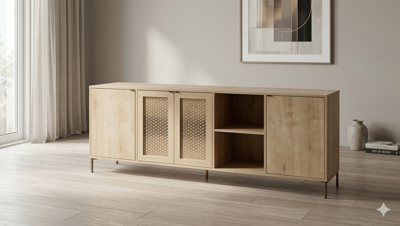 Buffet With 4 Port And 2 Shelves With Metal Legs Inca 17198 Melamine Same Color: Roble 203,8x40x80,3cm