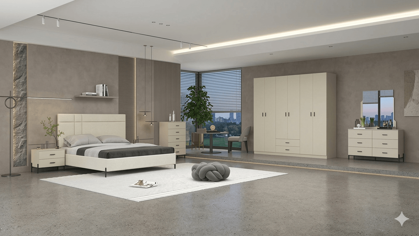 Bed 1.8m+2pcs Night Stand+dresser+mirror Mdf+melamine Beige Fabric: Lh18790-01 Melamine: White 18