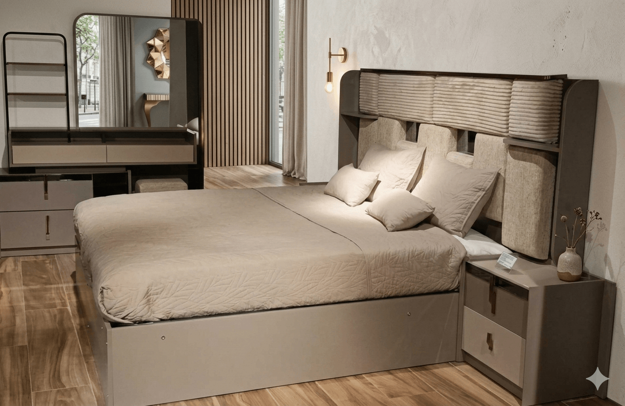 Bedroom Set Bed With 2 Ns And Dresser With Mirror And Pouf B: 180x200cm Ns: 55x41x140cm Dr: 152x43x175cm Pf: 45x35x35cm