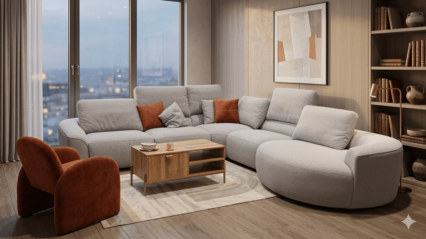 Sofa Corner Fabric Light Grey 1 Electric + 6 Manual Head Rest + 2 Pillow A0302300 366x321x107x90-107