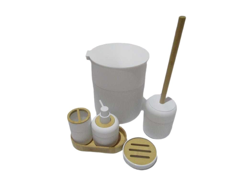 Bathroom Set Of 6 Set, Abs/Bamboo Bin+toilet Brush+dispenser+tooth Brush Holder+soap Holder+tray Abs+bamboo Deco Black Box No 00111 White