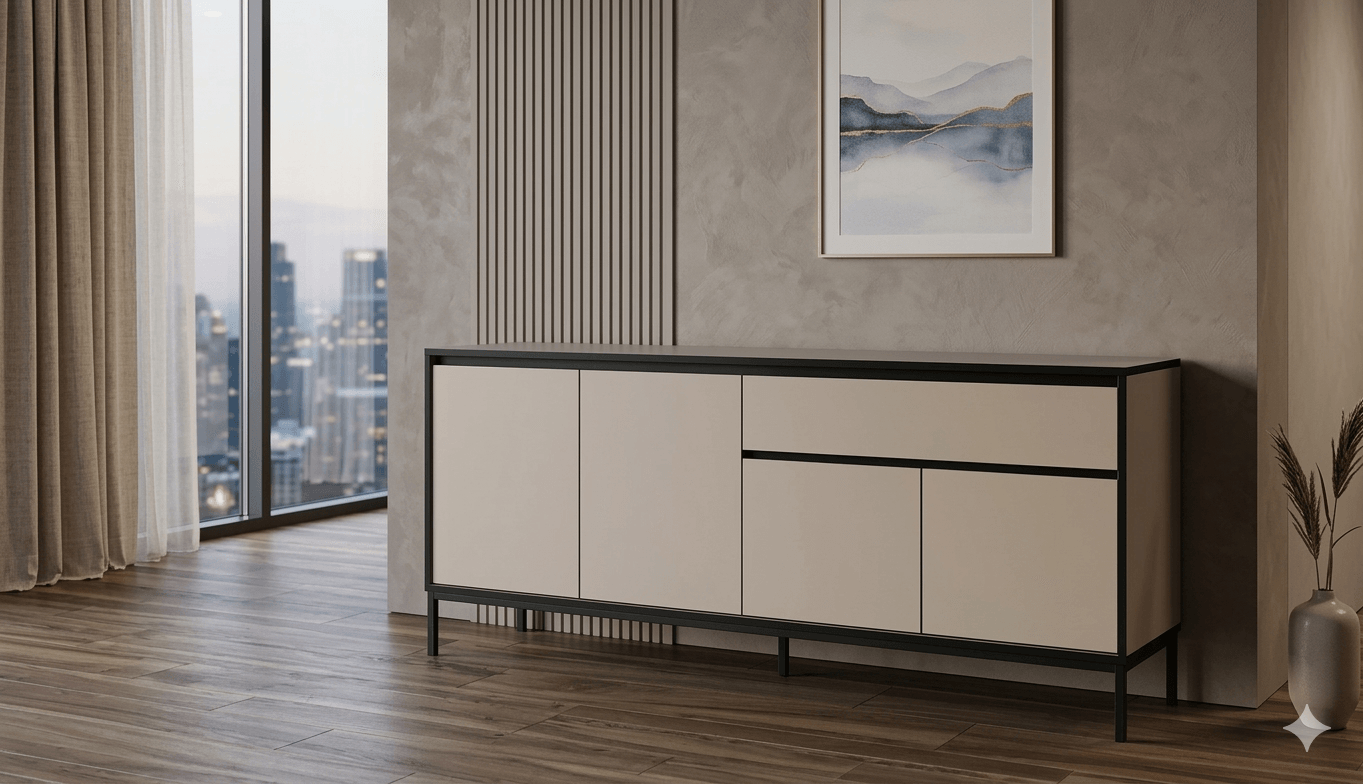 Buffet Melamine With 4 Doors And 1 Drawer With Metal Legs Lorenza 17403 Color: Crema - Negro 180x40x80cm