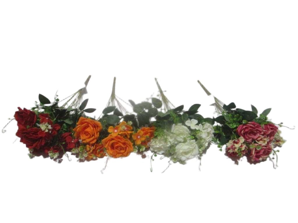 Artificial Rose Bouquet, 9 Heads Fabric '1 White 7 Fuchia 9 Orange 10 Red '46cm