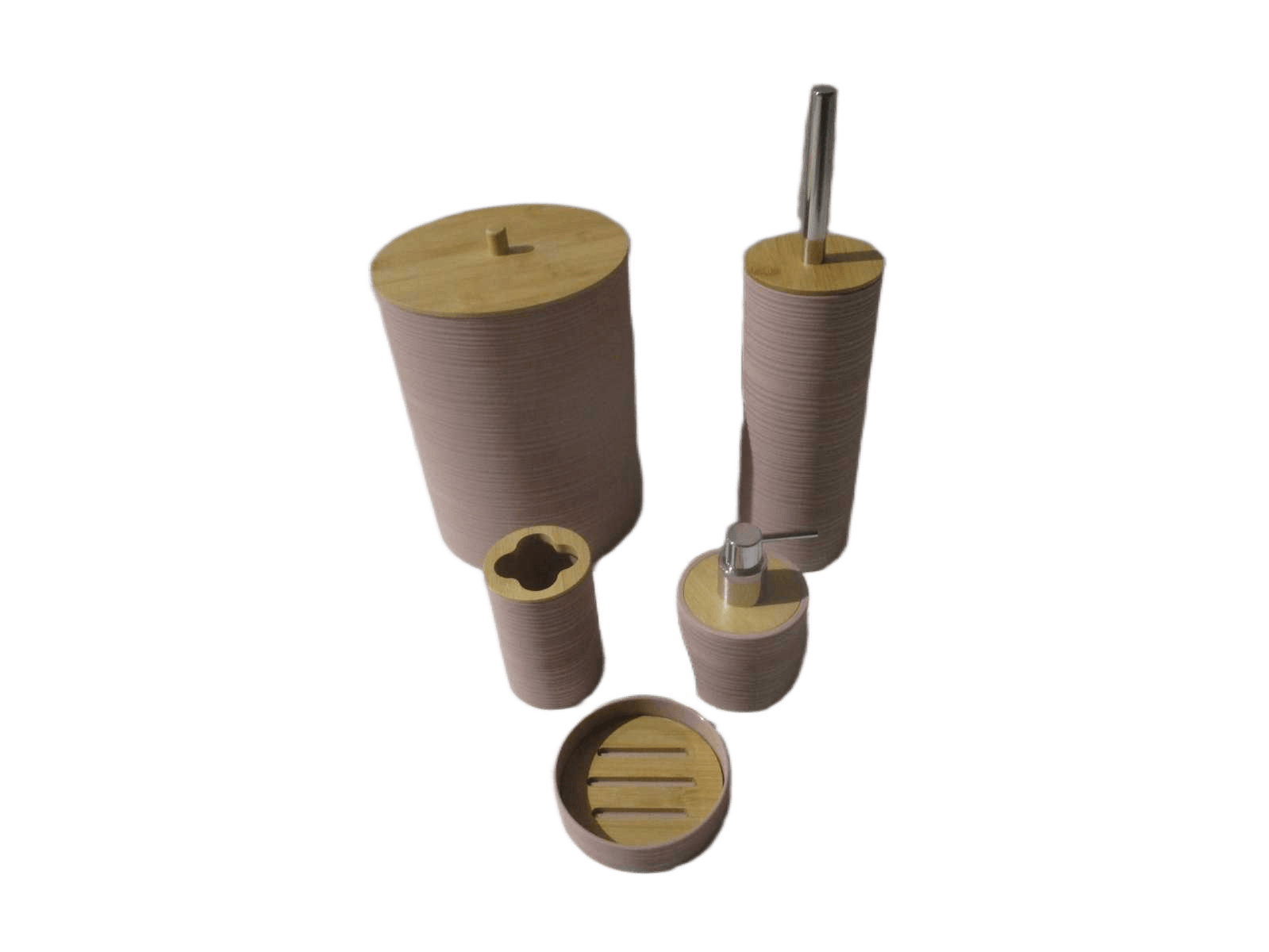 Set Of 5 Bathroom Set-Abs+bamboo Rose Bin:19x19.h25.5 Toilet Brush:9.5x9.5xh36 Dispenser:9x9xh12.5 Tooth Brush Holder:7x7xh11 Soap Holder:11xh3 Black Box No 00354