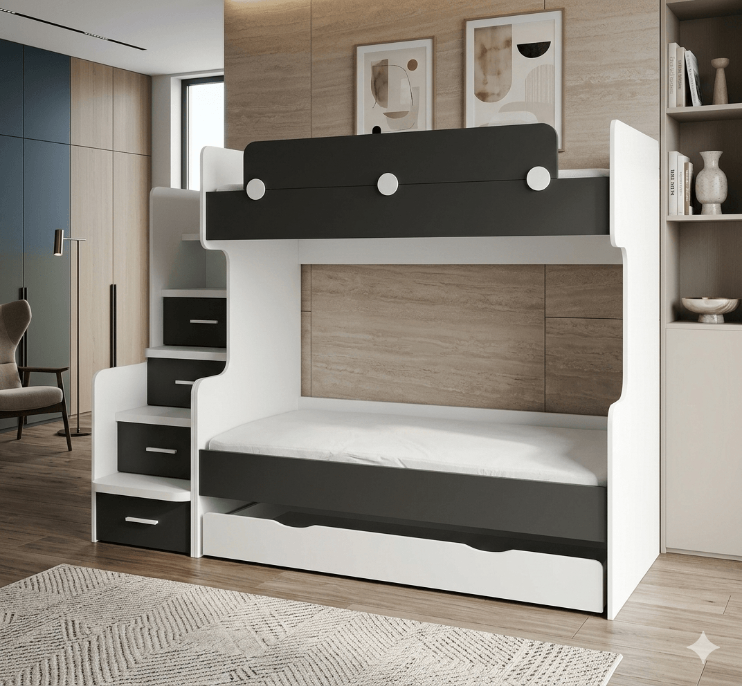 Bunk Bed Kids New Complex + Pull Out Bed Antrasit / White 90x200cm 90x200cm
