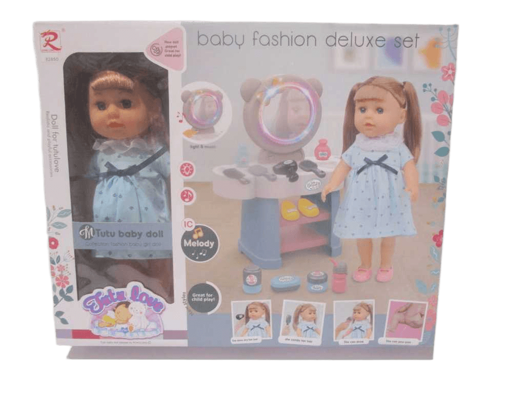 Girl Doll Set Dressing Table With Music, Light Girl With Sound, Can Drink And Pee-Pee Display Box Blue Dress 14''