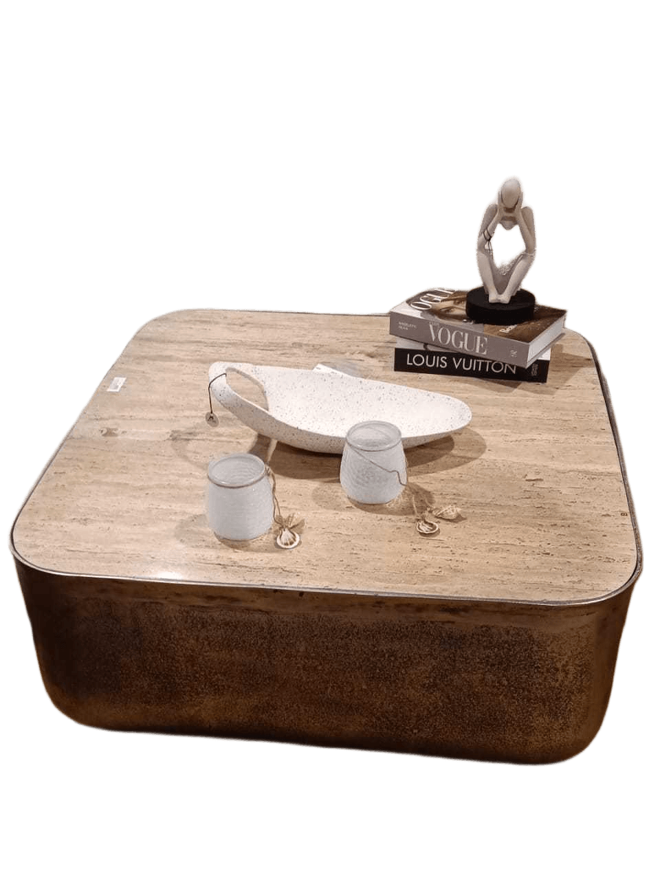 Coffe Table With Natural Travertine Marble Top And Nickel Antique Metal Alu Base - Marble Packed Separately