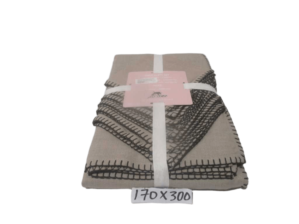Tablecloth + 8 Napkins 100% Slub Cotton Linen Effect 240 Gsm With Blanket Stitch Border - Packing Polybag With Ribbon And Inlay Card
