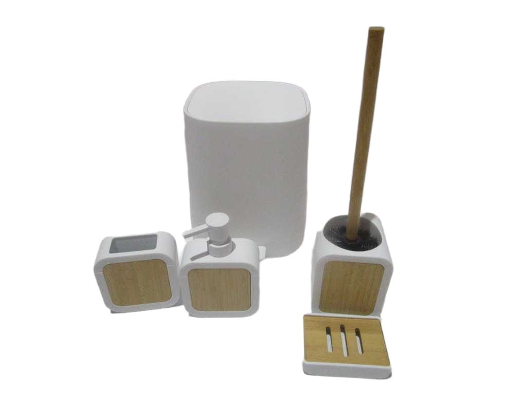 Bathroom Set Set Of 5, Abs/Bamboo Bin+toilet Brush+dispenser+ Tooth Brush Holder+soap Holder Black Box No White 00111