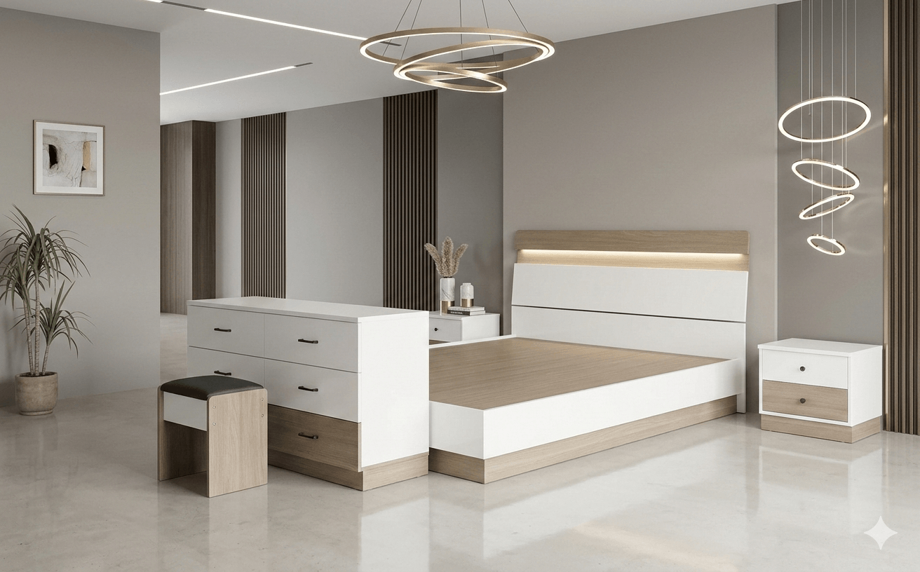Bed 1.8x2m + 2pcs Night Stand + Dresser+ Mirror + Stool 25mm Mdf+shining Acrylic Sticker, Black Handle High Glossy White+grey Bed:1800*2000*1000 Night Stand:550*400*450 Dms:1200*400*1410