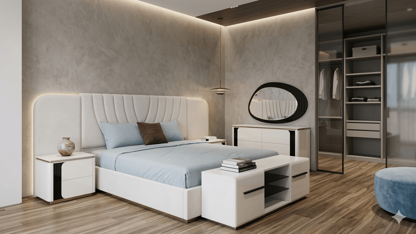 Bed 1.8x2.0 + 2 Night Stand + Dresser + Mirror And Stool B:2685x2135x1312 Ns:600x400x532 D:1550x450x815 M:1395x18x820