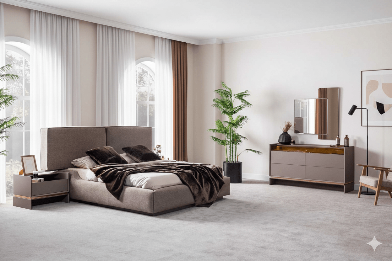 Bed Full Textile Std Color 2 Nightstands Dresser With Mirror Anthracite / Walnut Bed: 180x200cm Ns: 65x47x47cm Dr: 150x82x47cm Mr: 90x100cm