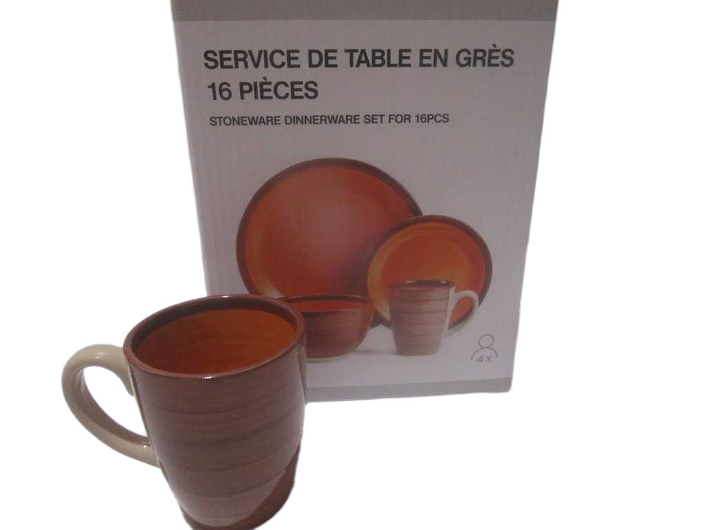 Stoneware Dinnerware Set For 16pcs Orange Stoneware 10.5" : F27cm X 3.2cm 7.5": F19cm X 2.4cm 5.5" : F14cm X 8.8cm 350ml: F8.5cm X 10.5cm