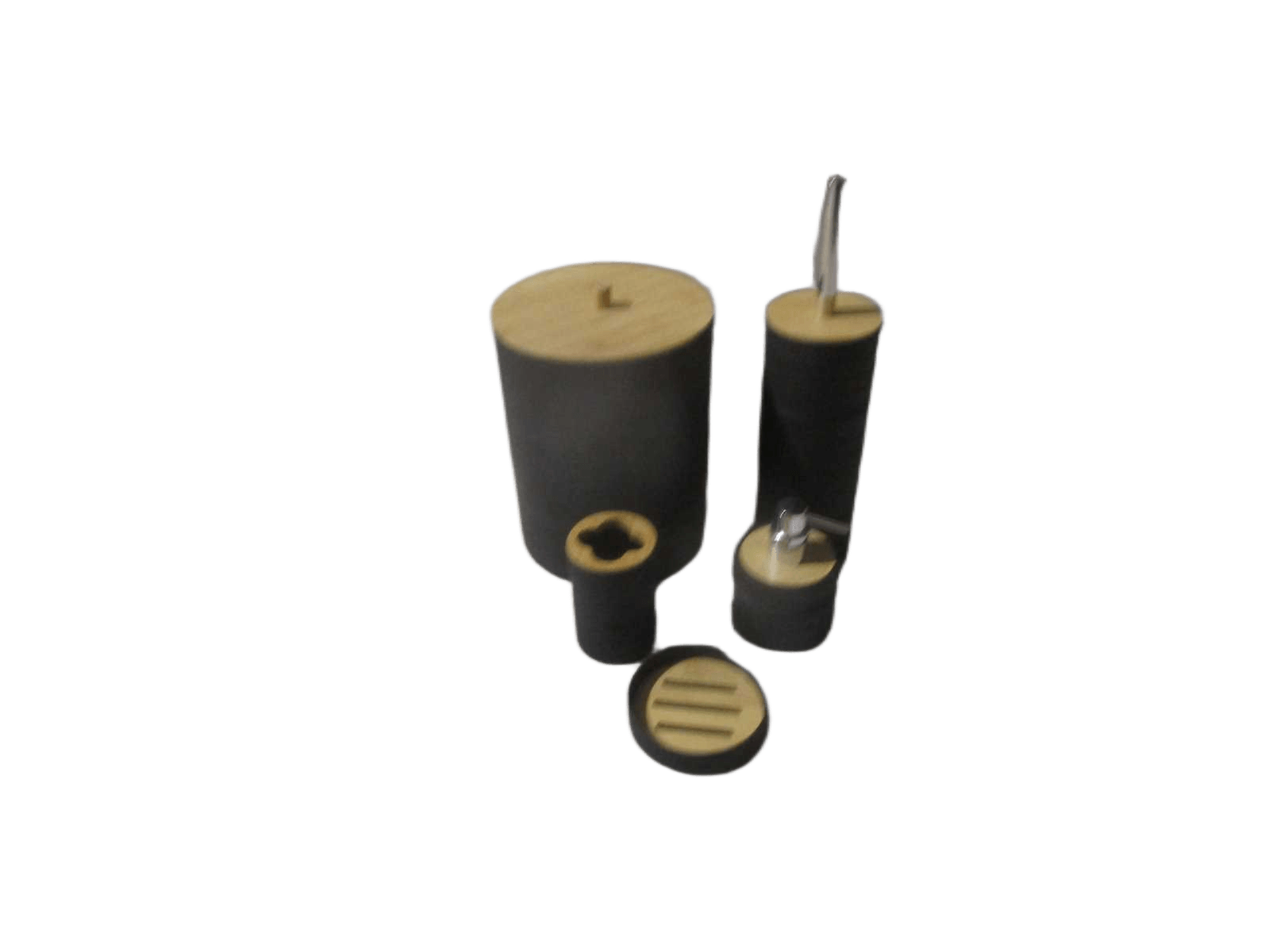 Set Of 5 Bathroom Set-Abs+bamboo Black Bin:19x19.h25.5 Toilet Brush:9.5x9.5xh36 Dispenser:9x9xh12.5 Tooth Brush Holder:7x7xh11 Soap Holder:11xh3 Black Box No