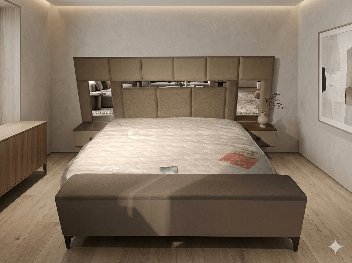 Bedrrom Set 2 Nightstands+dresser With Mirror And Bench Brown / White Bd: 180x200cm Ns:45x40x45cm Dr:90x165x90cm
