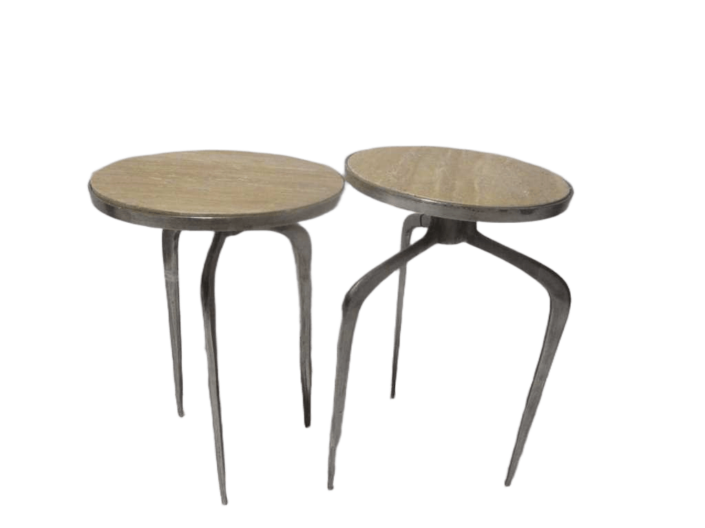 End Tables Set Of 2 Metal Alu Base And Natural Travertine Top