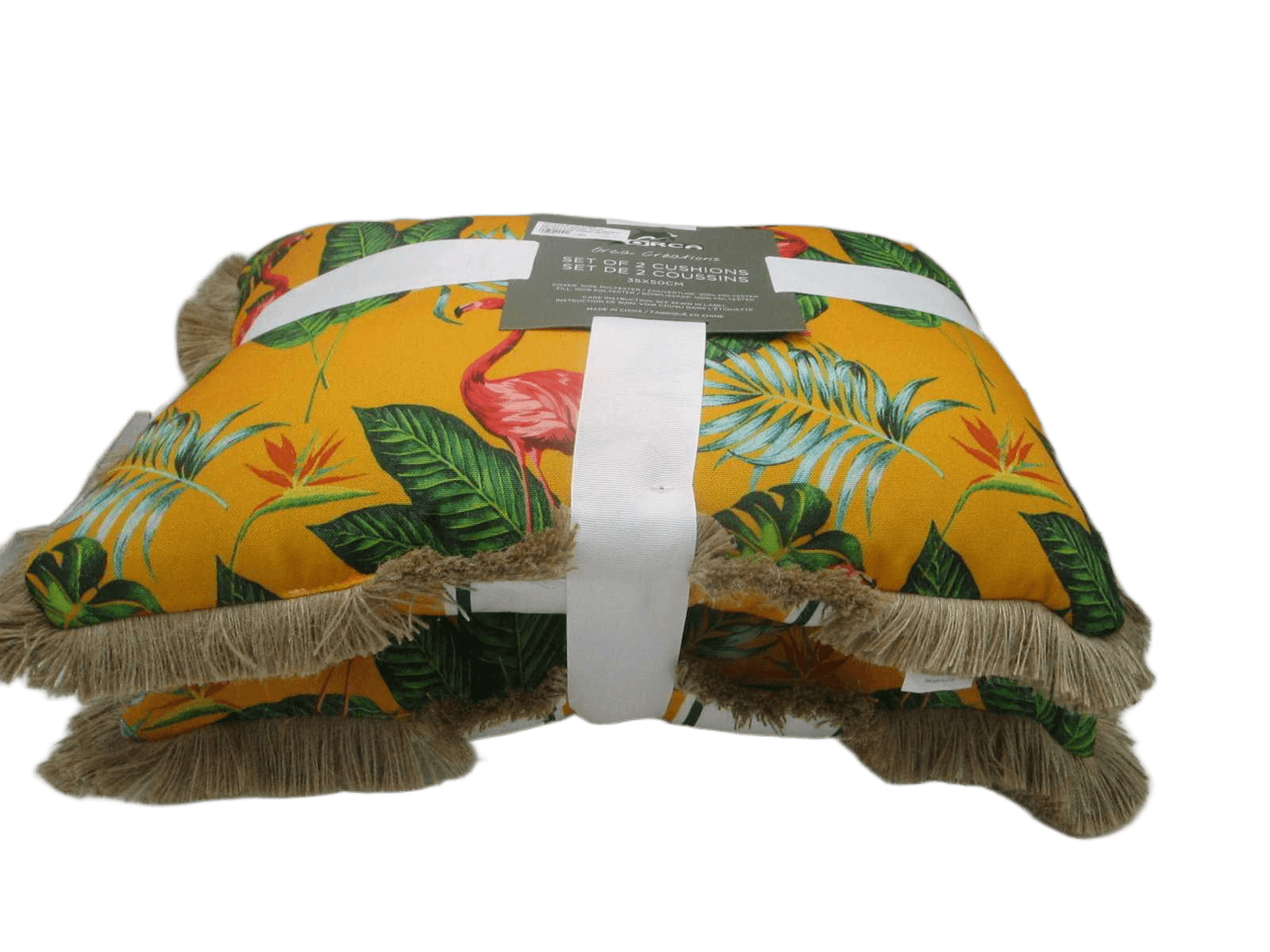 Cushion Set Of 2 100% Polyester 205gsm 500 Gr Brown Filling And Jute Triam 2 Pcs With 5 Cm Ribbon Cross And Printed Card In Center