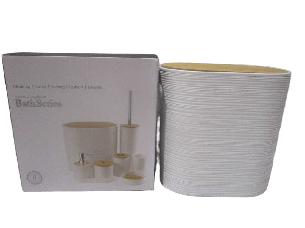 Bath Series Set Of 8 ,pp+bamboo Trash Can+toilet Brush+gargle Cup+toothbrush Holder+soap Dispenser+cotton Swab Jar+soap Dish+tray Color Box White