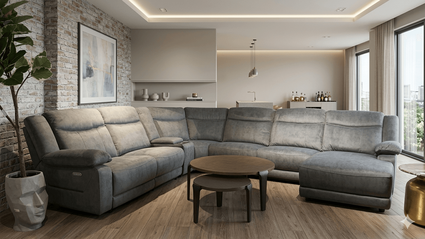 Sofa Corner Microfiber 1,5 Left Arm Electric Recliner + 3 Armless Seater + Corner + 1 Storage With Wireless Carge And Chaise Right Arm D722 Dark Grey