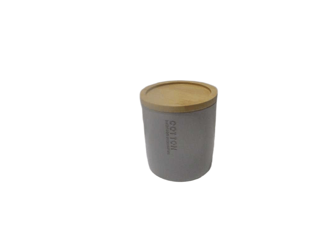 Boite A Coton Polyresine Couvercle Bambou - Gris Clair/Bambou