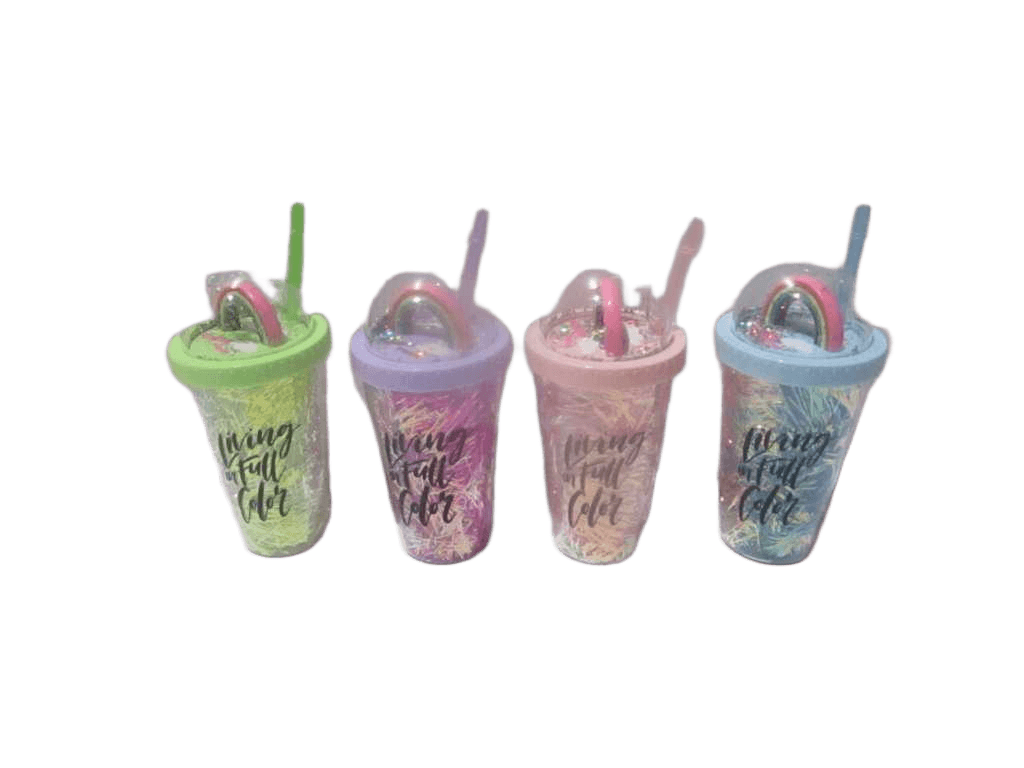 Cup With Straw Laser Color Bar With Rainbow Deco In The Cover Double Wall Ps Bubble Bag Packing Blue Purple Pink Green Ass 450ml