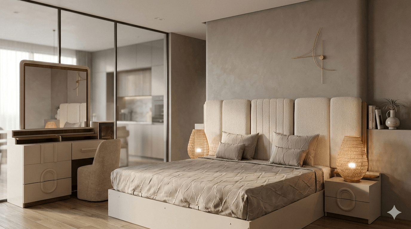 Bedroom Set Bed With 2 Ns And Dresser With Mirror And Pouf Led Light B: 180x200cm Ns: 60x40x150cm Dr: 150x40x185cm Pf: 45x35x35cm
