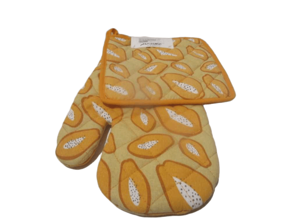 Glove Kitchen Set Of 60x32cm And Pot Holder 20x20cm - 100% Cotton 200 Gsm Polyfill Quilting Screen Printed With Piping Border