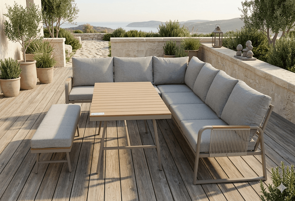 Sofa Outdoor Champagne Alu Rope Set 3+2+corner Sofa+bench+dining Table Taupe Alu Base Champagne Rope:beige Chn30-04 Cushion: Beige Xn1805 Tan 2s:127x85x80 Corner:85x85x80 Dt:140x70x67 Bench:120x36x45