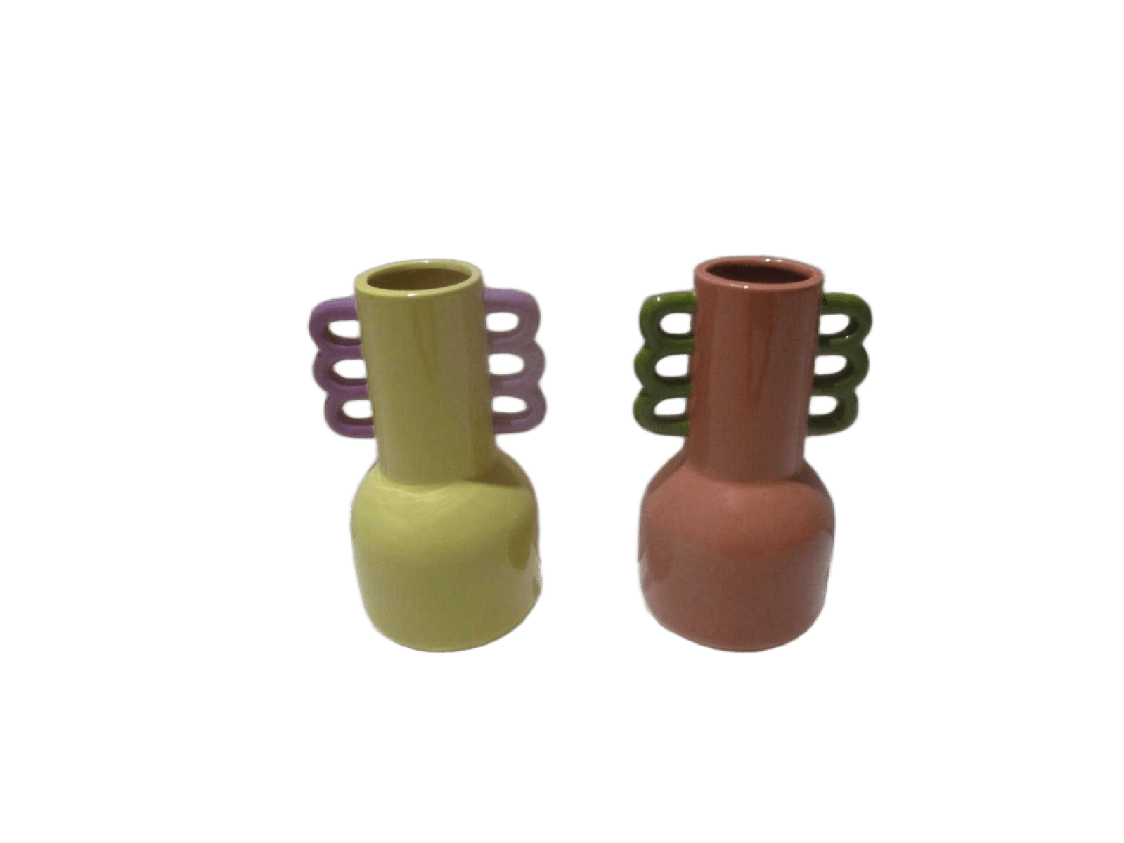 Vase, Hand Made Handle, Ceramic, Dolomite, Two Colors Mix In Carton 1- Old Rose+ Green 2- Yellow+ Pink Dolomite 15.5x13.7x26.4