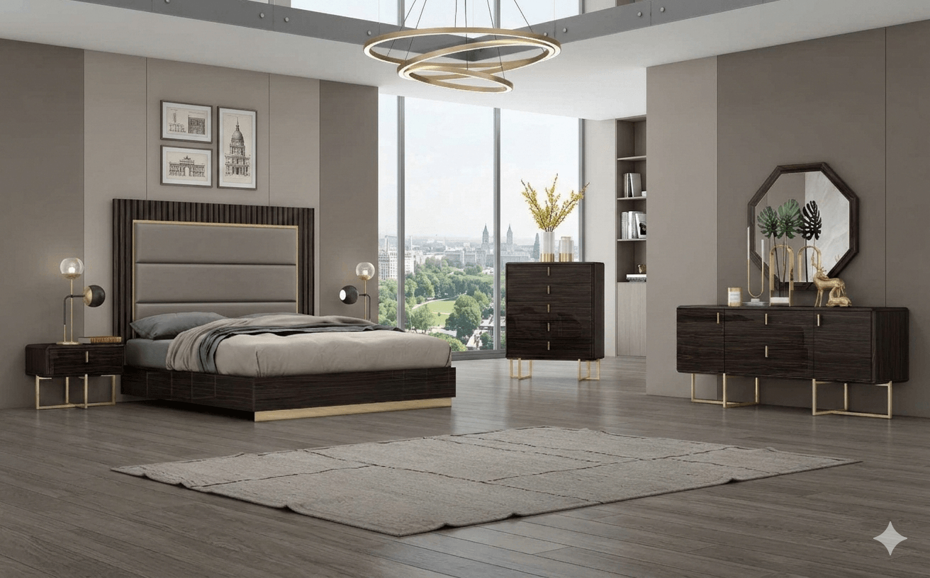 Bed 1830x2030 + 2 Night Stand + Dresser 6 Drawers + Mirror Ebony(1015-1 Hg)+brushed Titanium Goldb:1830x2030x1680 Ns:655x400x500 D:1825x470x800 M:1000x55x1000 10cl=