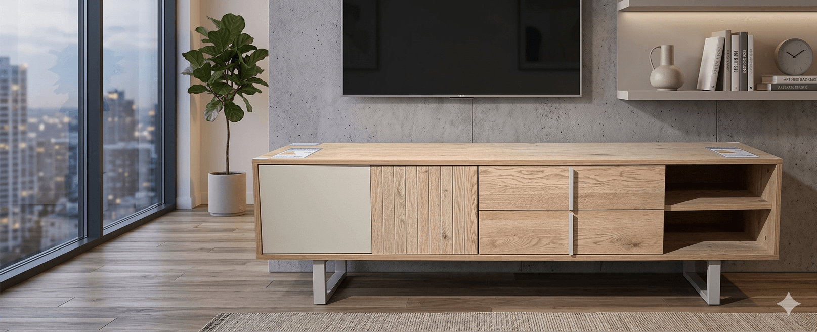Tv Unit With 2 Doors And 2 Drawers With 2 Shelves And Metal Legs Millay 17429 Color: Roble - K/Gris 180x40x51,5cm