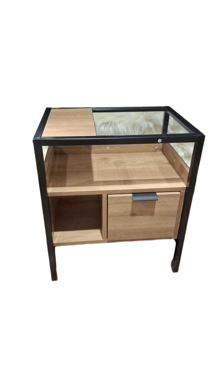 End Table Melamine, Iron Frame 4.3mm Tempered Glass Iron Black/ Wood Oak 48*35*55