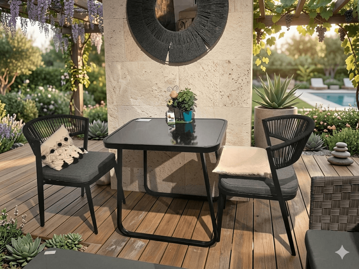 Sofa Garden Set 2 Chair + Kd Table Rope Steel Black Frame Tempered Black Glass+ 5 Cm Grey (Bx107c) Fabric Cushion