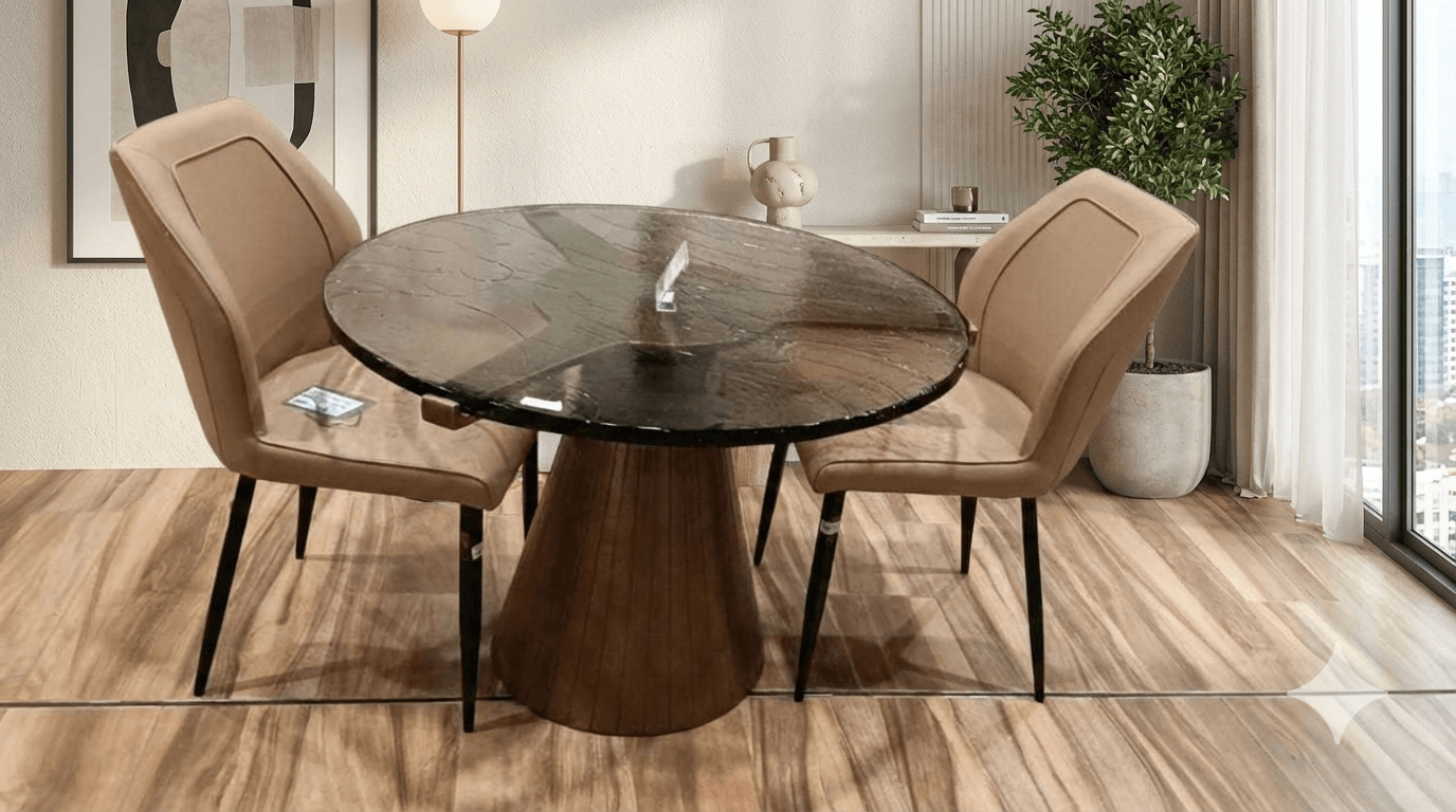 Table Breakfast Antique Brass Metal Alu Base With 24 Mm Thickness Handmade Natural Smoked Glass Top With 3 Metal Supports To Hold Top