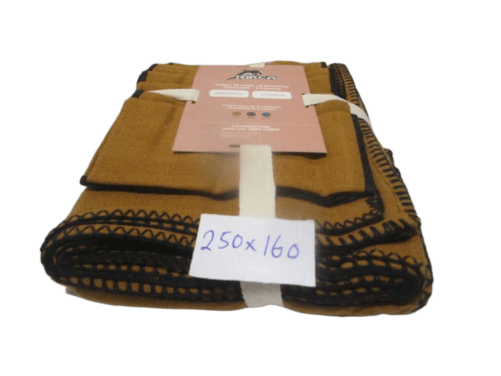 Table Cloth Set With 6 Napkins 40x40 100% Linen 270 Gsm Bordon Stitch Black Polybag With Bottons Ribbon And Insert Card