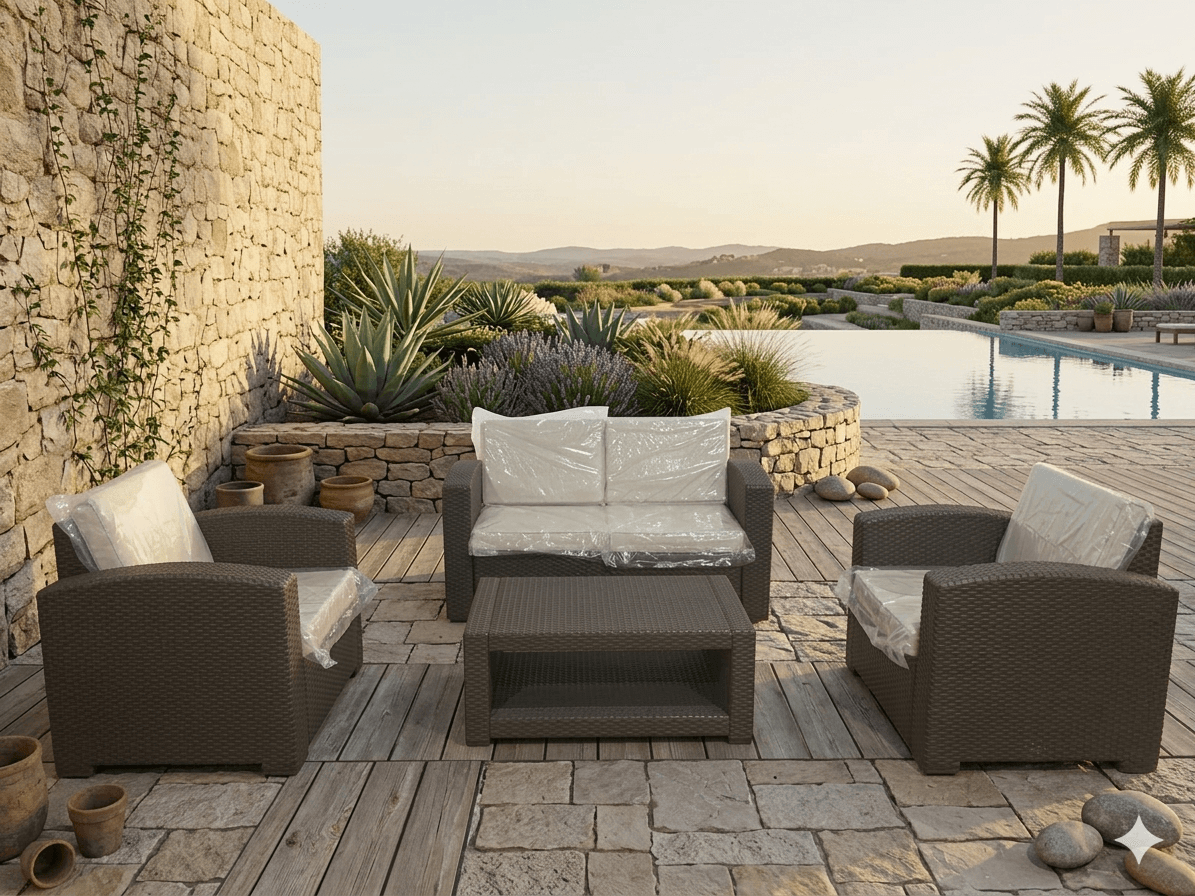 Sofa Outdoor Set 2+1+1+tableratten:brown Cushion: A15021 Beige 2s: 141x71x75 1s: 71x83x75 Table: 93x56x38.5 Arm Rest Size: 12.5cm