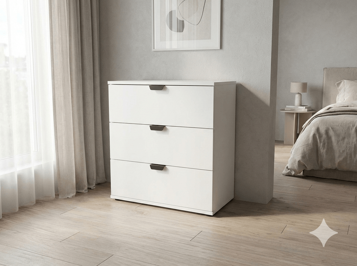 Cabinet 3 Drawers ( Black Handles ) Mat White