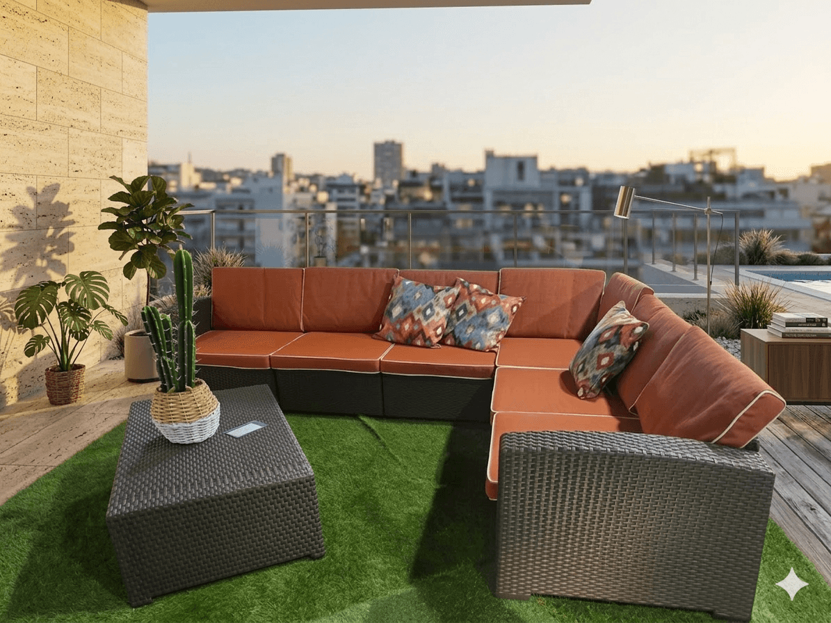 Sofa Corner Outdoor Ratten: Brown Cushion: Orange With White Piping206*262*71*75