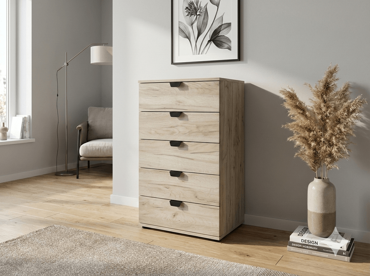 Cabinet 5 Drawers ( Black Handles ) Grey Oak