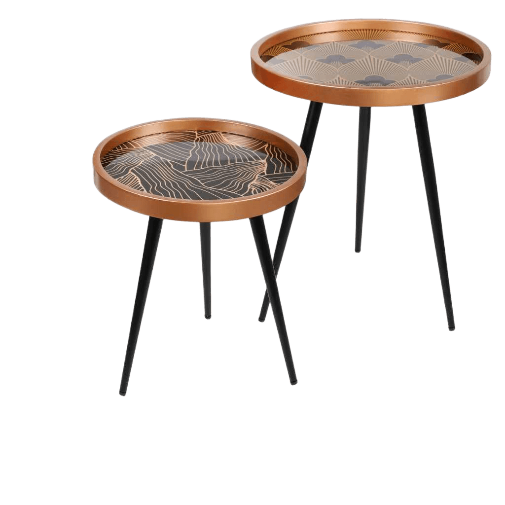 Side Table Art Up - Set Of 2 Round With Black Metal Base And Decorated Trays Black And Or