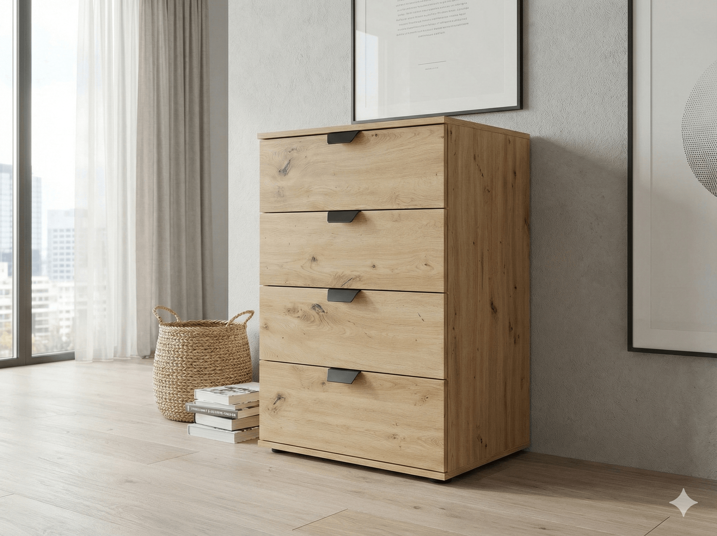 Cabinet 5 Drawers ( Black Handles ) Artisan Oak