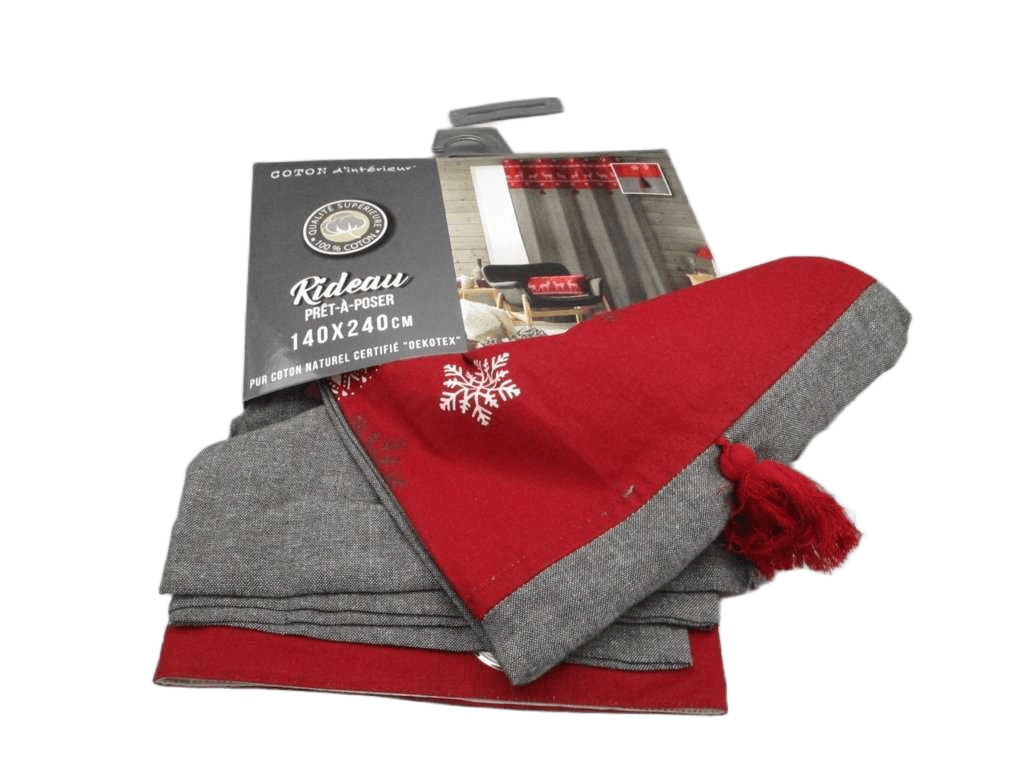Curtain With Eyelets 140x240 Cm Chambray+printed Top+tassels Cosy Home Red/Grey