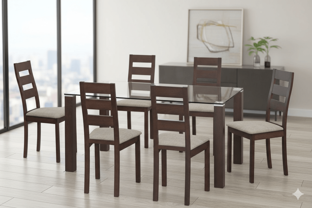 Table Dining Glass 150x90cm+ 6 Chairs Clr Clear ,burn Beech Ref Tg-4945gbhc B-2443ybh